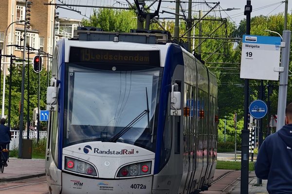 A light rail tram arriving at a street-side stop with its route sign and platform marker visible.